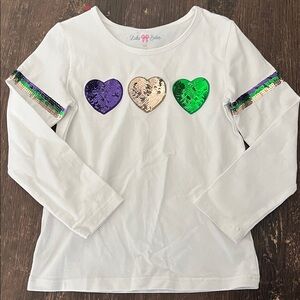Girls' White Sequin Mardi Gras Heart Long Sleeve Top